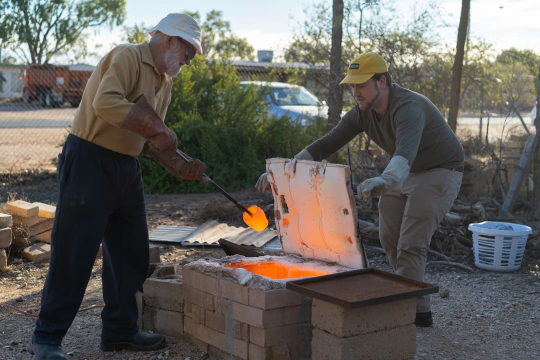 Graeme and Jonathan at the raku kiln in Lightning Ridge, Australia