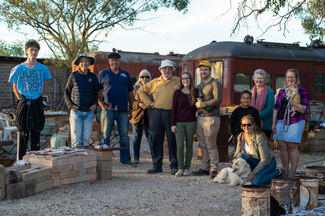 Group portrait of a collection of friends in Lightning Ridge, during a raku firing